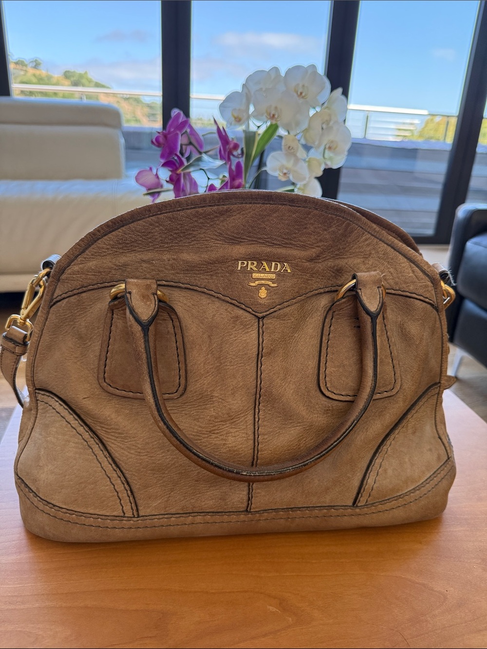 Prada Taupe Brown Leather Dome Satchel with Gold Hardware